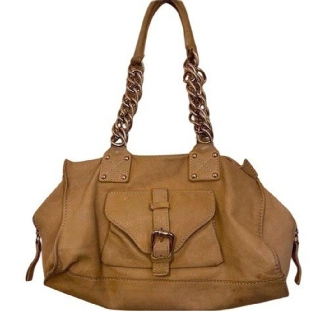 Italian Leather By Bios Womens Large‎ Shoulder Bag Purse Tote Camel Chain Strap